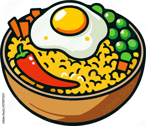 Spicy Fried Rice Bowl with Egg and Chili Vector – Colorful Asian Cuisine Food Illustration