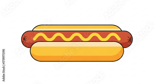 A classic hot dog with a juicy sausage nestled in a soft bun, topped with a generous squirt of yellow mustard