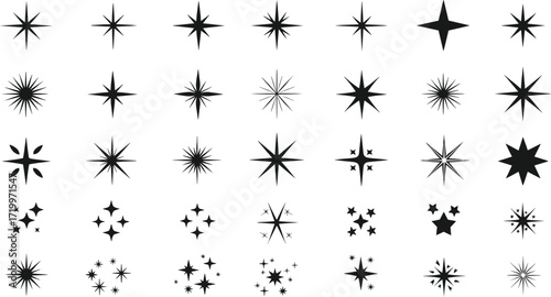 Collection of minimalist black sparkle and starburst symbols on a white background, a comprehensive set of star vector icons