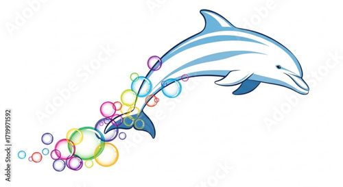 Dolphin jumping with bubbles playful marine mammal in motion aquatic creature performing ocean life and underwater world