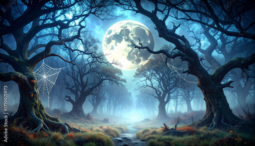 Fototapeta premium Dark gothic forest with glowing full moon, twisted tree branches, cobweb textures, and eerie fog, Halloween fantasy abstract background. No people, no text, no watermark.