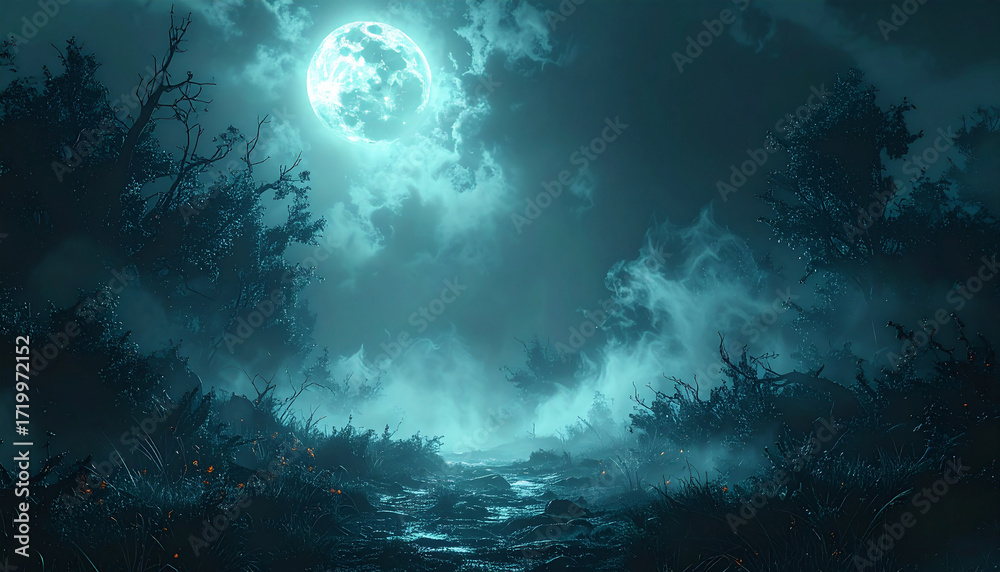 Fototapeta premium Dark misty Halloween background with mysterious shadows, glowing moonlight breaking through fog, abstract creepy atmosphere. No people, no text, no watermark.