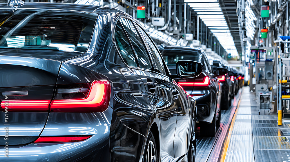 Fototapeta premium Cars moving along an automated assembly line in a modern manufacturing facility