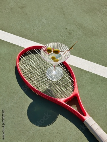 Tennisracket mit Martini-Glas auf dem gr?nen Platz Stillleben Sommerzeit