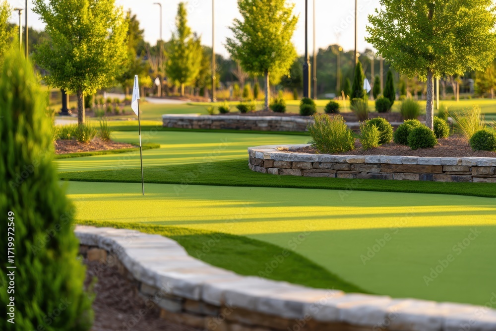 Fototapeta premium Serene golf course landscape showcasing meticulously manicured greens and vibrant trees under golden sunlight