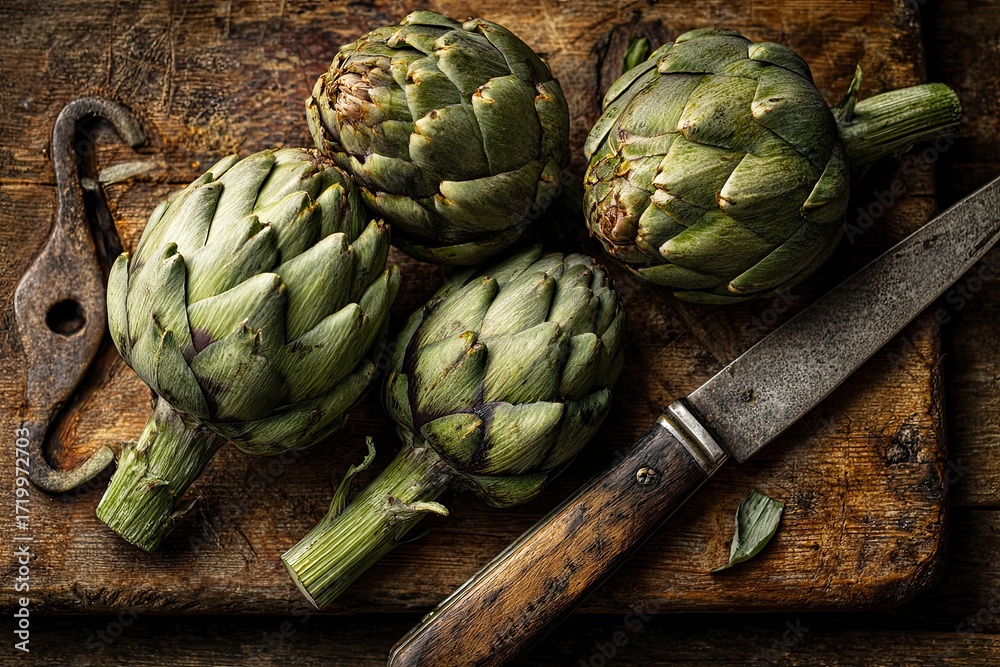 Obraz premium Fresh Green Artichokes on Rustic Wooden Cutting Board with Knife