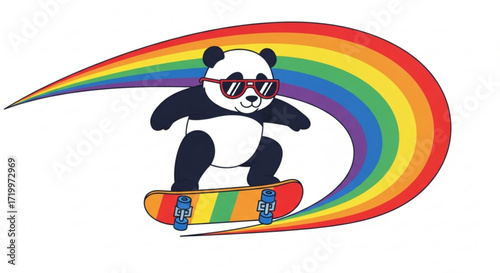 A panda with sunglasses riding a skateboard and a rainbow the panda is black and white, and the skateboard is colorful