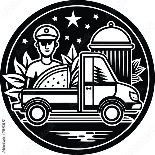 Modern food delivery service illustration with icons for online ordering and fast shipping