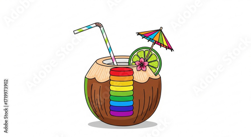 a refreshing coconut cocktail with a colorful straw and umbrella, a perfect symbol of relaxation and tropical vacation