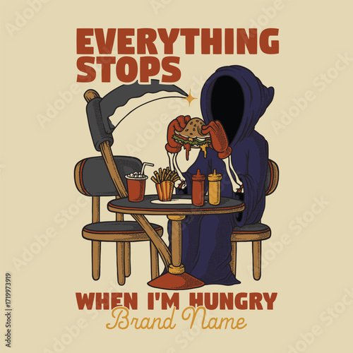 retro cartoon grim reaper mascot eating burger
