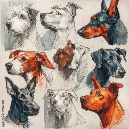 Hundeportr?ts Illustrationen Vielfalt Rassen Gem?lde Skizze Kunstwerke