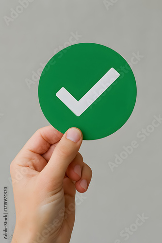 A hand holds a green circular sign with a white checkmark symbol on it.