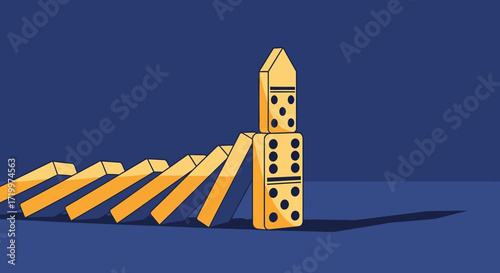 Illustration of a domino effect with falling pieces and a standing stack emphasizing resilience