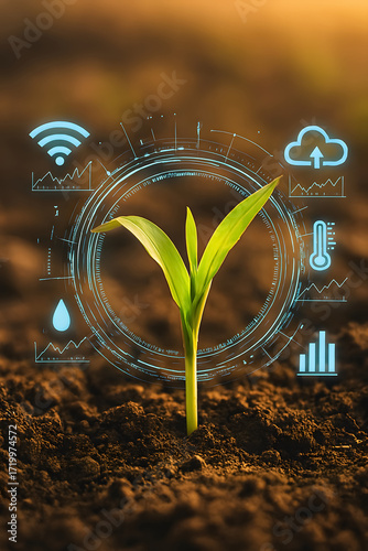 A plant seedling with various digital icons