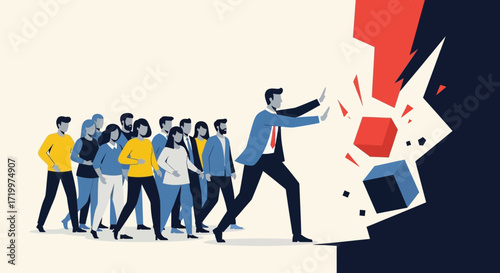 Leadership protecting team from crisis business disruption and challenge illustration
