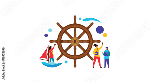 A diverse team navigates towards success with a steering wheel symbolizing leadership and teamwork.