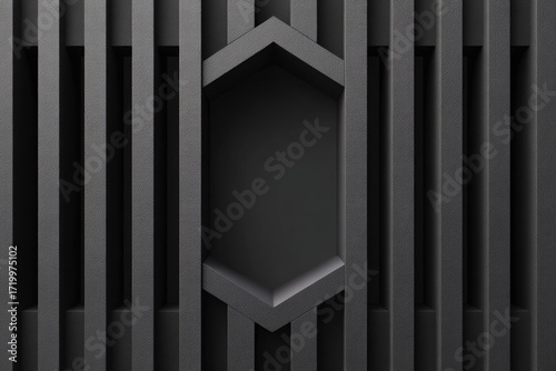 A modern, geometric design features a dark gray hexagonal inset, framed by vertical lines, creating a striking visual effect.