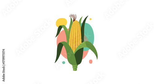 A vibrant illustration of a fresh ear of corn surrounded by abstract colorful shapes.