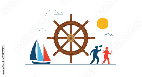 Setting sail on a grand adventure with friends and a trusted ship's wheel.