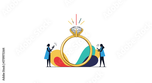 Tiny creative people examining the facets of a large sparkling diamond ring.