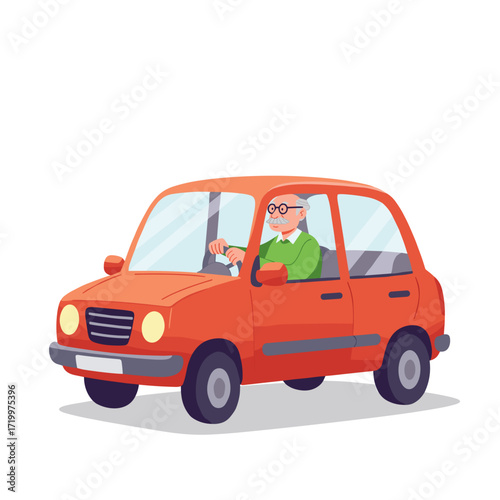 Senior man driving a red car with a focused expression  