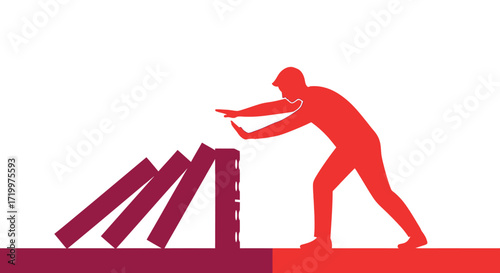Silhouette of a Man Preventing Domino Effect, Representing Risk Management Concept