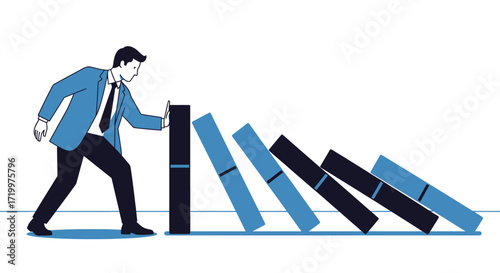 Business resilience illustrated with a businessman stopping dominoes from falling down