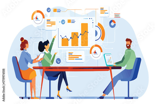 Modern flat vector illustration of a team analyzing business data and statistics