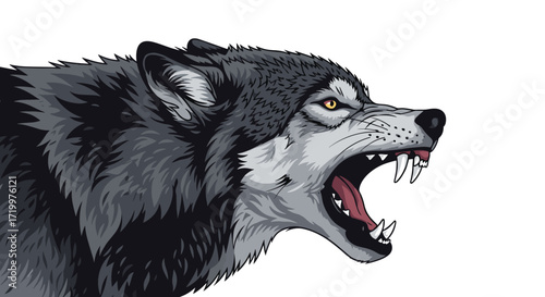 A fierce pixel art depiction of a grey wolf with its mouth open baring sharp teeth.