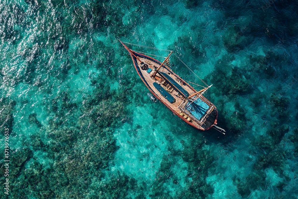 Fototapeta premium Sailboat Floating in Clear Turquoise Ocean Waters with Shallow Reef Areas