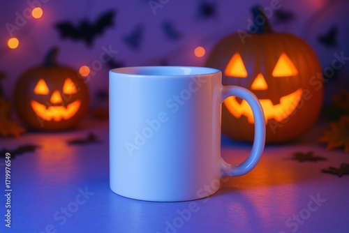 Photorealistic mockup of a blank white ceramic mug with Halloween neon decorations.