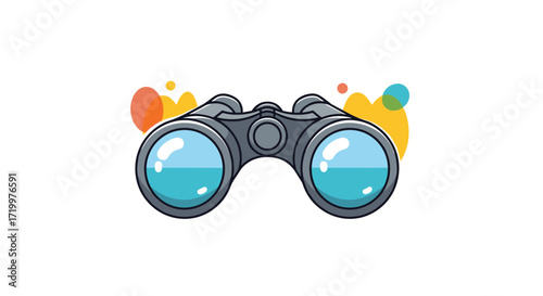 Pixel art binoculars with colorful splashes in the background used for exploration and observation purposes.