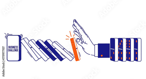 Hand stopping domino effect, representing business challenge and problem solving
