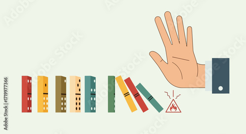 Illustrative depiction of a hand stopping a domino effect representing risk prevention and