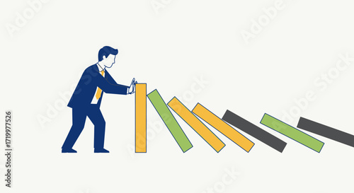 A businessman stopping the domino effect and preventing crisis through intervention