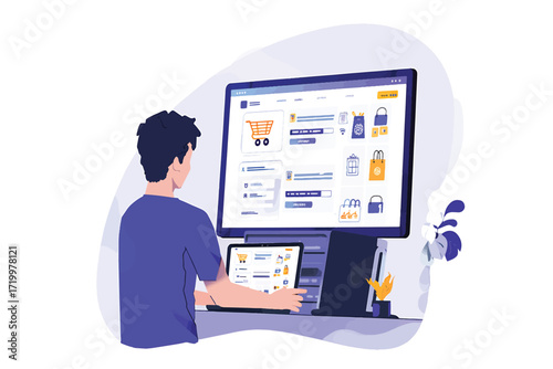 Vector illustration concept of a man shopping online on a multi-device e-commerce platform