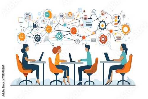 Collaborative team analyzing a complex digital business workflow