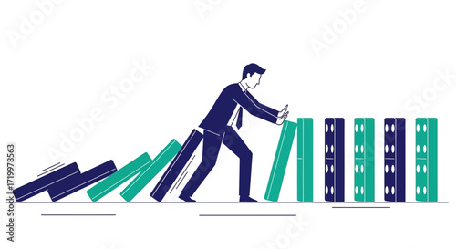 Businessman Stopping Domino Effect: Representing Prevention and Crisis Management in Business