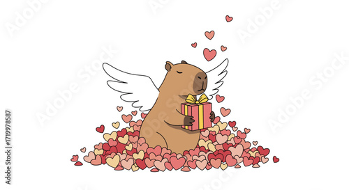 A cute capybara with wings holds a gift surrounded by hearts.