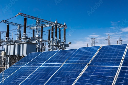 Solar Panels and Electrical Substation Under Clear Blue Sky