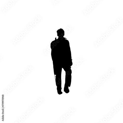 A simple, black silhouette of a person standing, suggesting contemplation or quietude.