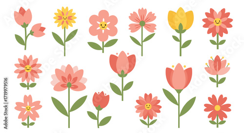 A collection of cute and colorful cartoon flowers with smiling faces and green stems.