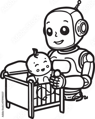 A diverse set of vector illustrations showing robots in creative, caregiving, coding, farming, and transport roles. EPS-ready line art for education, innovation, and future lifestyle themes.
