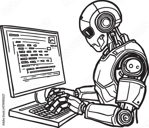 A diverse set of vector illustrations showing robots in creative, caregiving, coding, farming, and transport roles. EPS-ready line art for education, innovation, and future lifestyle themes.