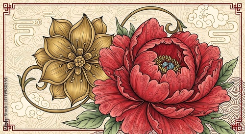 Exquisite botanical illustration showcases peony and golden flower in classic design