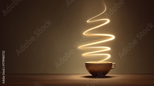 Non-branded vintage coffee cup conceptual photography, glowing steam spiral with warm morning light