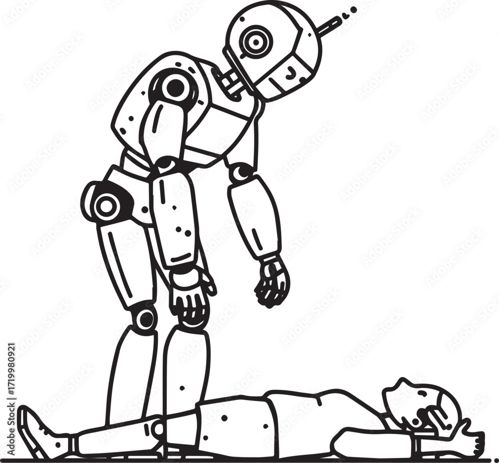 Fototapeta premium A diverse set of vector illustrations showing robots in creative, caregiving, coding, farming, and transport roles. EPS-ready line art for education, innovation, and future lifestyle themes.