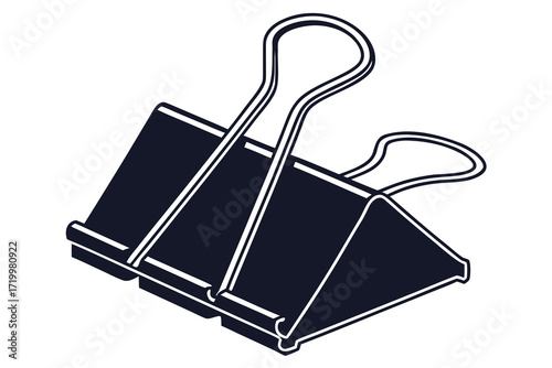 Black and white isometric illustration of a binder clip paper clip office supply