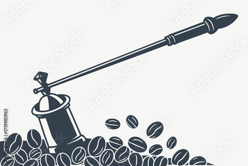 Dark silhouette of a coffee grinder and scattered coffee beans illustration graphic