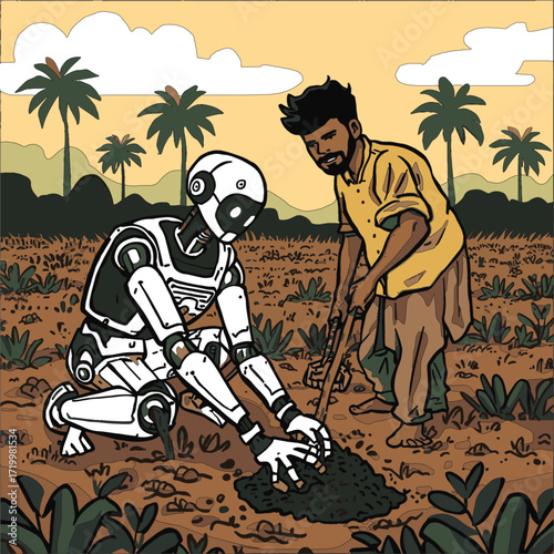 A diverse set of vector illustrations showing robots in creative, caregiving, coding, farming, and transport roles. EPS-ready line art for education, innovation, and future lifestyle themes.